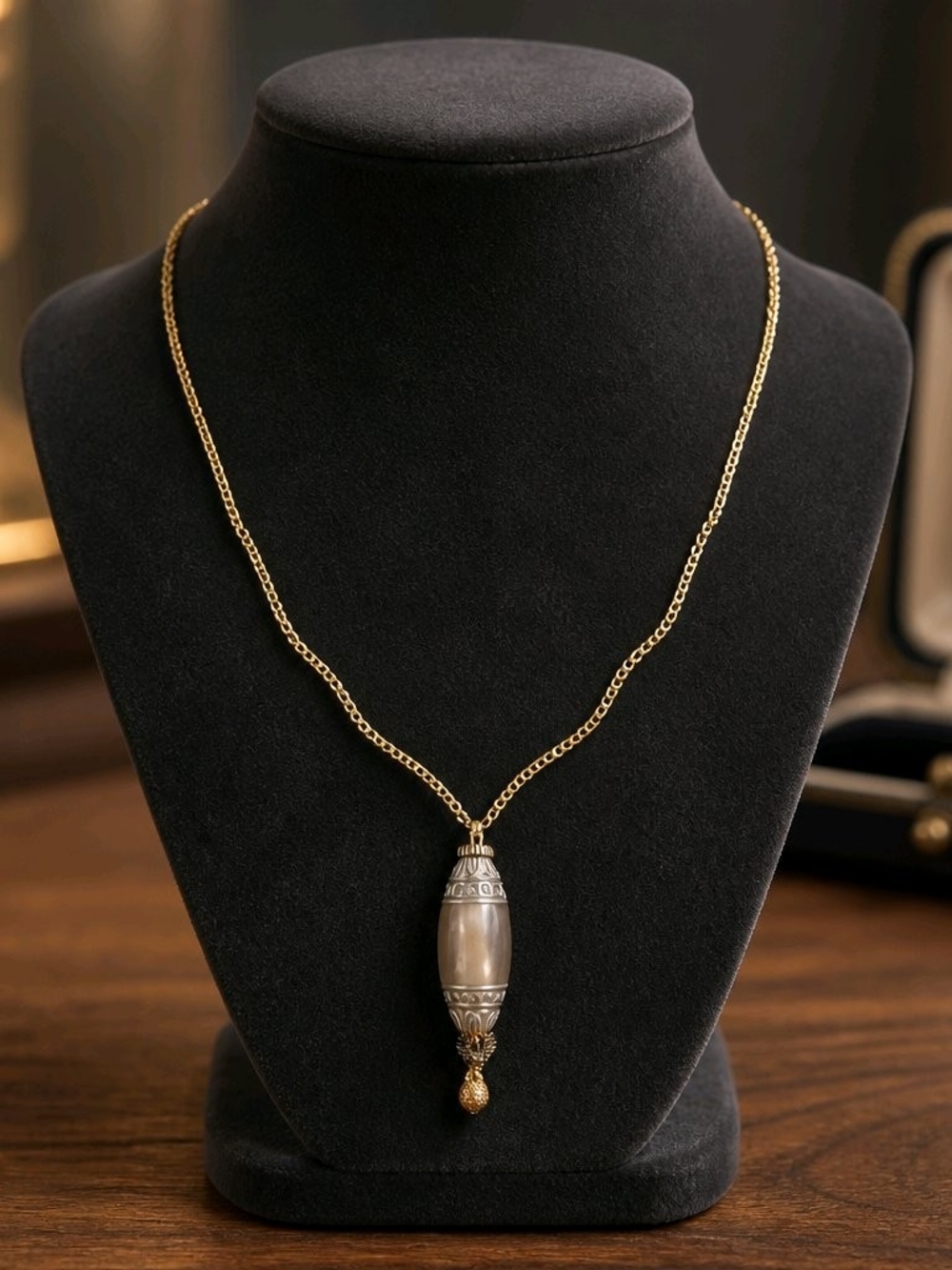 Gold Tone Pendant Necklace with Gray Bead Accent